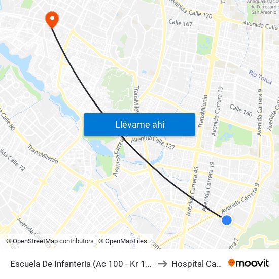 Escuela De Infantería (Ac 100 - Kr 11a) (B) to Hospital Cafam map