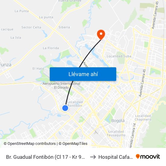 Br. Guadual Fontibón (Cl 17 - Kr 96h) to Hospital Cafam map