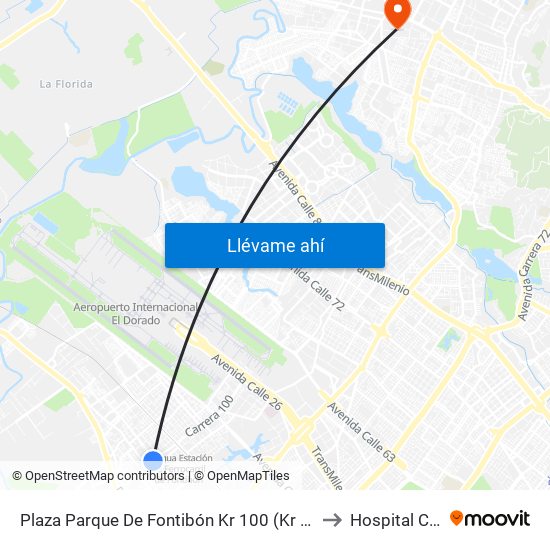 Plaza Parque De Fontibón Kr 100 (Kr 100 - Cl 17a) to Hospital Cafam map