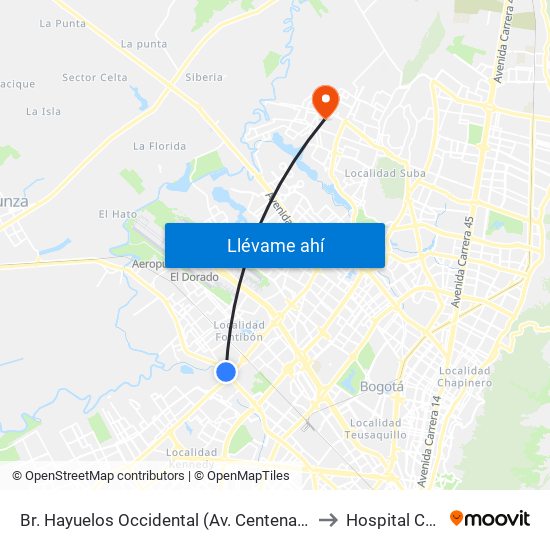 Br. Hayuelos Occidental (Av. Centenario - Kr 87) to Hospital Cafam map