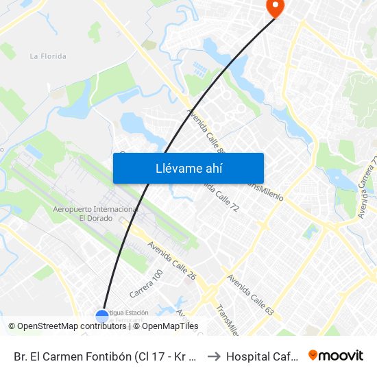 Br. El Carmen Fontibón (Cl 17 - Kr 100) to Hospital Cafam map