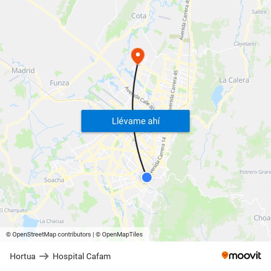 Hortua to Hospital Cafam map