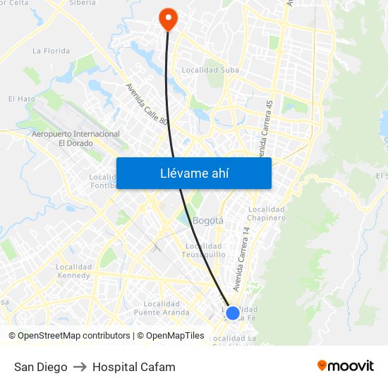 San Diego to Hospital Cafam map