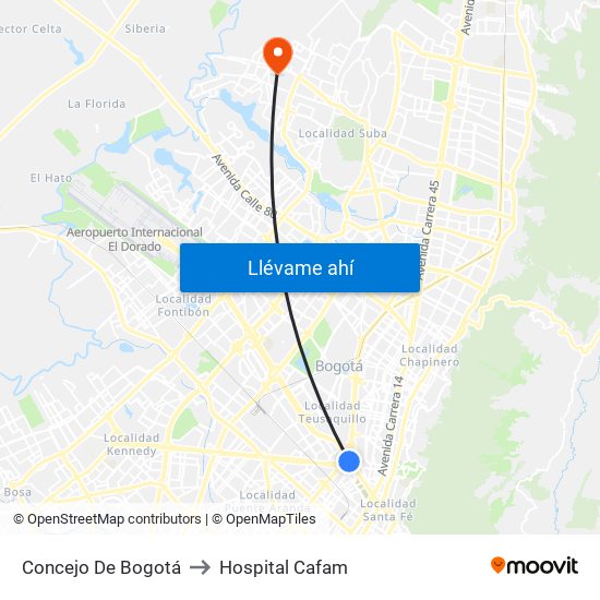 Concejo De Bogotá to Hospital Cafam map