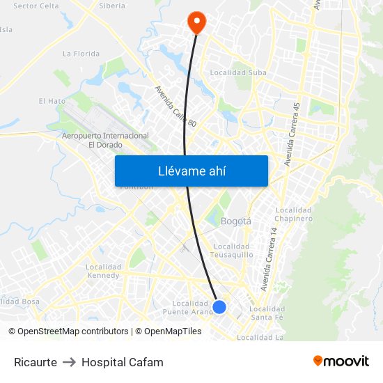 Ricaurte to Hospital Cafam map