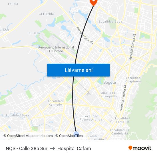 NQS - Calle 38a Sur to Hospital Cafam map