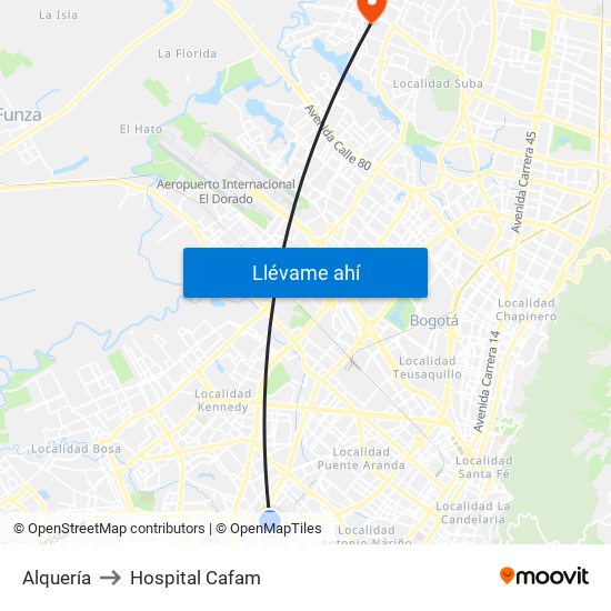 Alquería to Hospital Cafam map