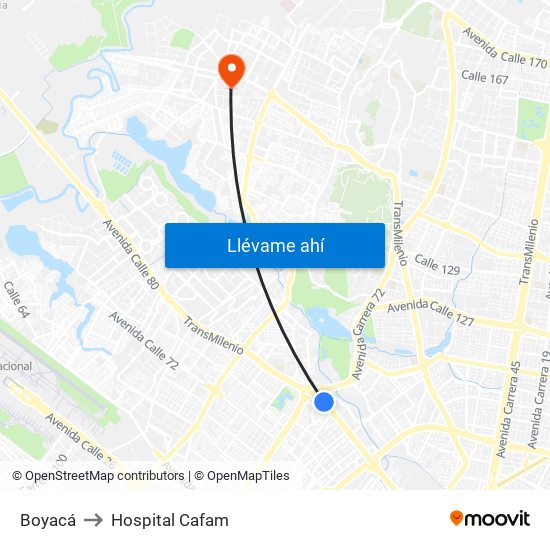 Boyacá to Hospital Cafam map