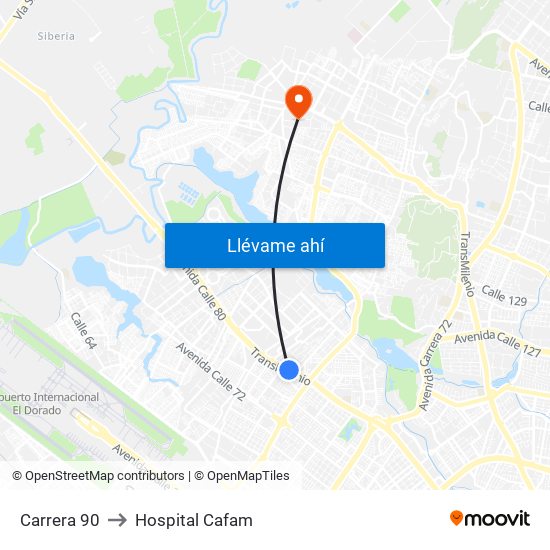 Carrera 90 to Hospital Cafam map