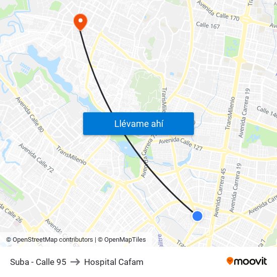 Suba - Calle 95 to Hospital Cafam map