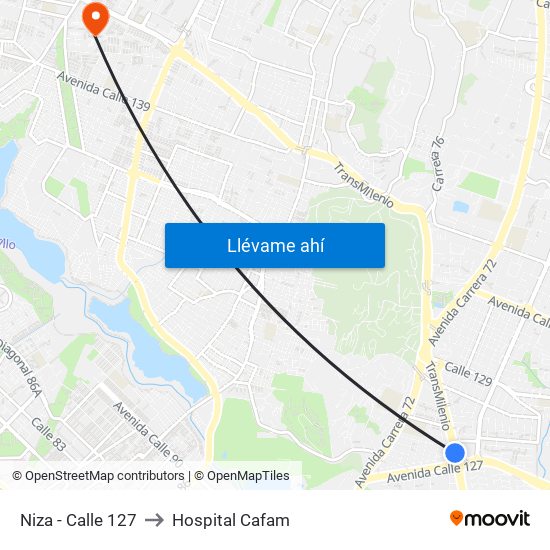 Niza - Calle 127 to Hospital Cafam map