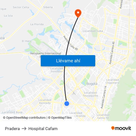 Pradera to Hospital Cafam map