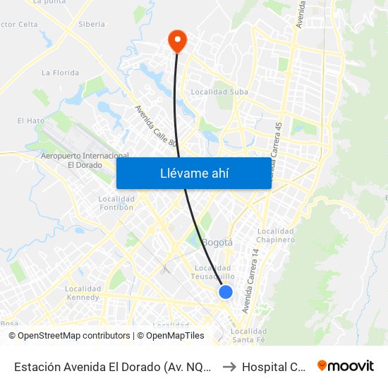 Estación Avenida El Dorado (Av. NQS - Cl 40a) to Hospital Cafam map