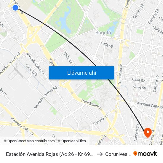 Estación Avenida Rojas (Ac 26 - Kr 69d Bis) (B) to Corunivesitec map