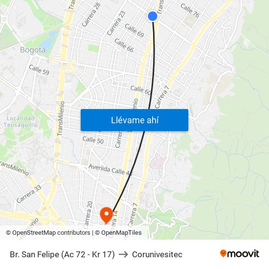 Br. San Felipe (Ac 72 - Kr 17) to Corunivesitec map