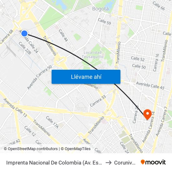 Imprenta Nacional De Colombia (Av. Esperanza - Kr 66) to Corunivesitec map