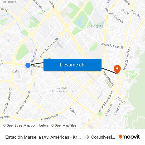 Estación Marsella (Av. Américas - Kr 69b) to Corunivesitec map