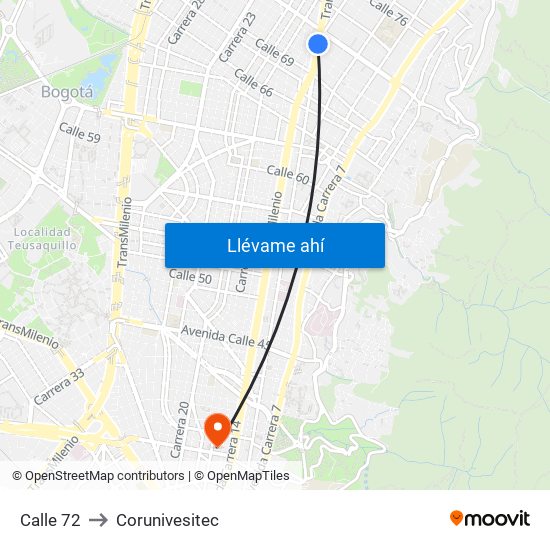 Calle 72 to Corunivesitec map