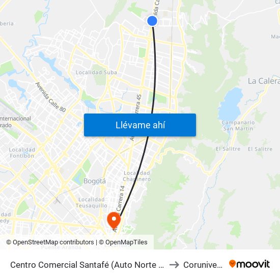 Centro Comercial Santafé (Auto Norte - Cl 187) (B) to Corunivesitec map