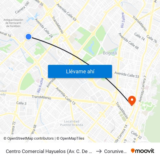 Centro Comercial Hayuelos (Av. C. De Cali - Cl 20) to Corunivesitec map