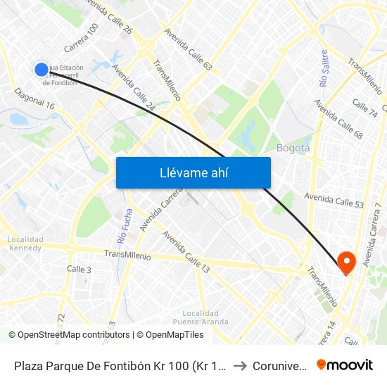 Plaza Parque De Fontibón Kr 100 (Kr 100 - Cl 17a) to Corunivesitec map