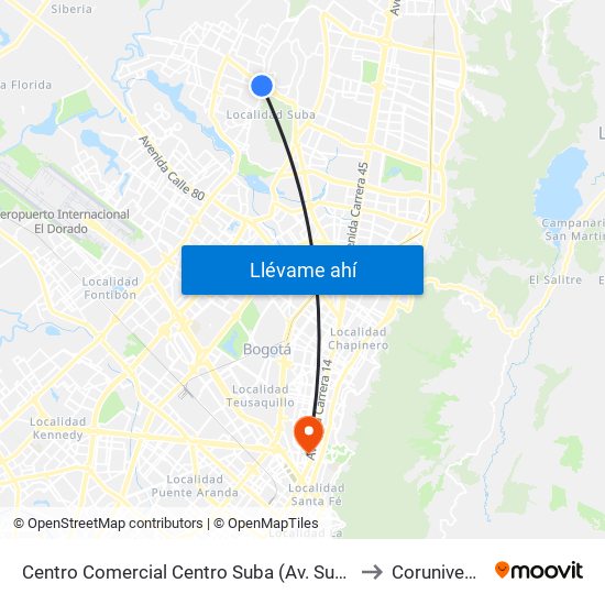 Centro Comercial Centro Suba (Av. Suba - Kr 91) to Corunivesitec map