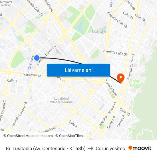 Br. Lusitania (Av. Centenario - Kr 68b) to Corunivesitec map