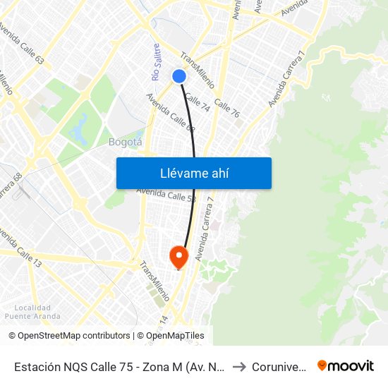 Estación NQS Calle 75 - Zona M (Av. NQS - Cl 75) to Corunivesitec map