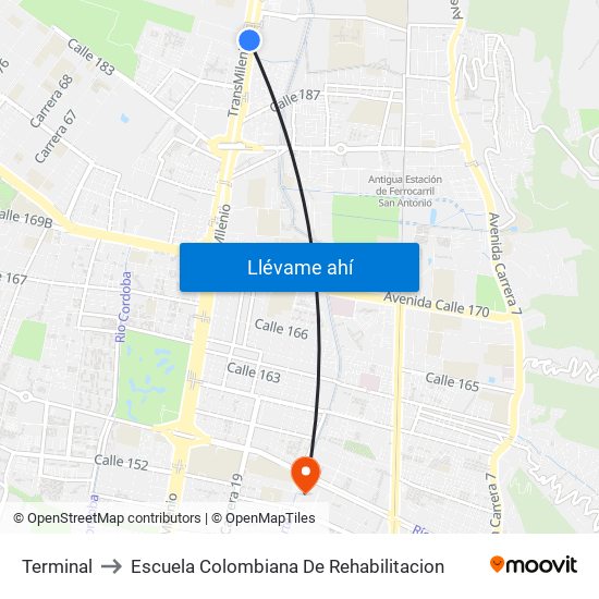 Terminal to Escuela Colombiana De Rehabilitacion map