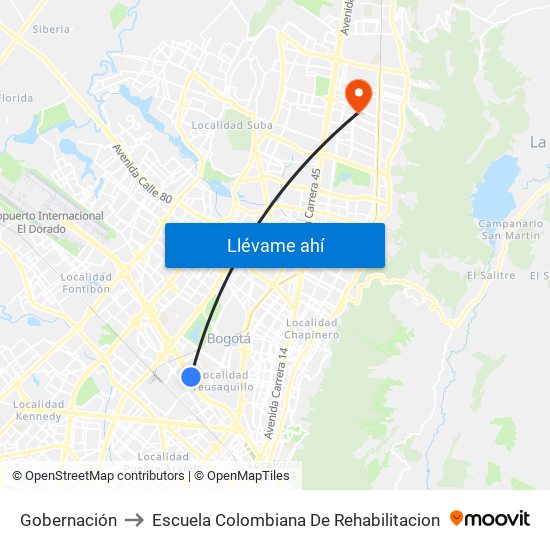 Gobernación to Escuela Colombiana De Rehabilitacion map