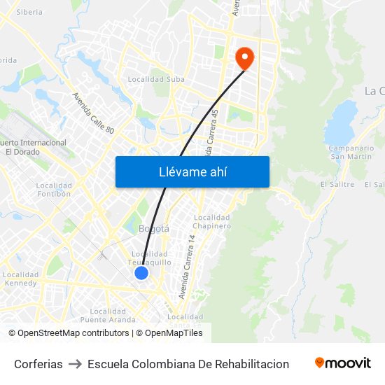 Corferias to Escuela Colombiana De Rehabilitacion map