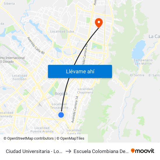 Ciudad Universitaria - Lotería De Bogotá to Escuela Colombiana De Rehabilitacion map