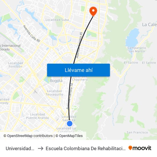 Universidades to Escuela Colombiana De Rehabilitacion map