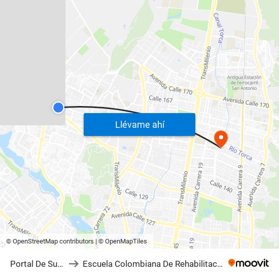 Portal De Suba to Escuela Colombiana De Rehabilitacion map