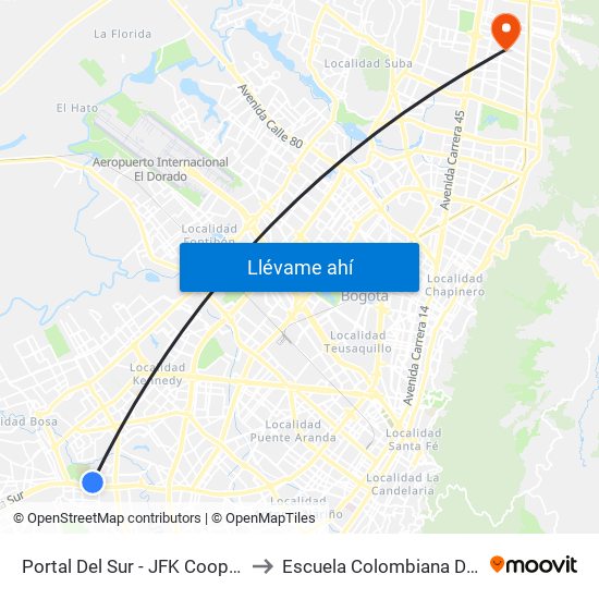 Portal Del Sur - JFK Cooperativa Financiera to Escuela Colombiana De Rehabilitacion map