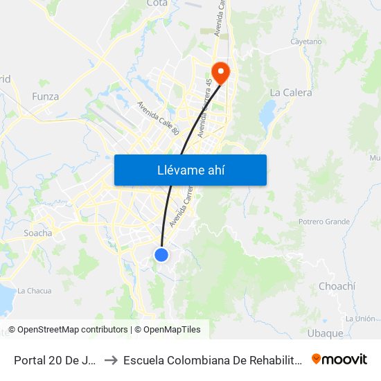 Portal 20 De Julio to Escuela Colombiana De Rehabilitacion map