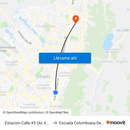 Estación Calle 45 (Ac 45 - Av. Caracas) to Escuela Colombiana De Rehabilitacion map