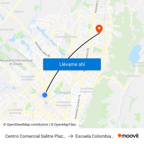 Centro Comercial Salitre Plaza (Av. La Esperanza - Kr 68b) to Escuela Colombiana De Rehabilitacion map