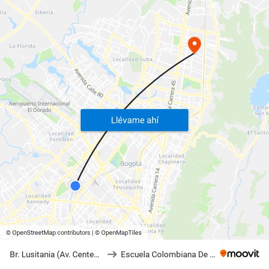 Br. Lusitania (Av. Centenario - Ak 68d) to Escuela Colombiana De Rehabilitacion map