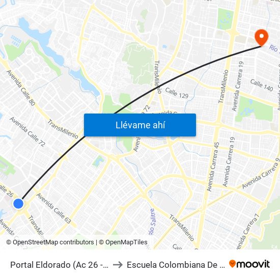 Portal Eldorado (Ac 26 - Av. C. De Cali) to Escuela Colombiana De Rehabilitacion map