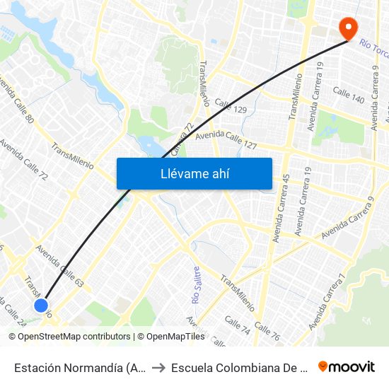 Estación Normandía (Ac 26 - Kr 74) to Escuela Colombiana De Rehabilitacion map