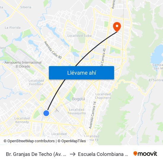 Br. Granjas De Techo (Av. Centenario - Kr 65) to Escuela Colombiana De Rehabilitacion map