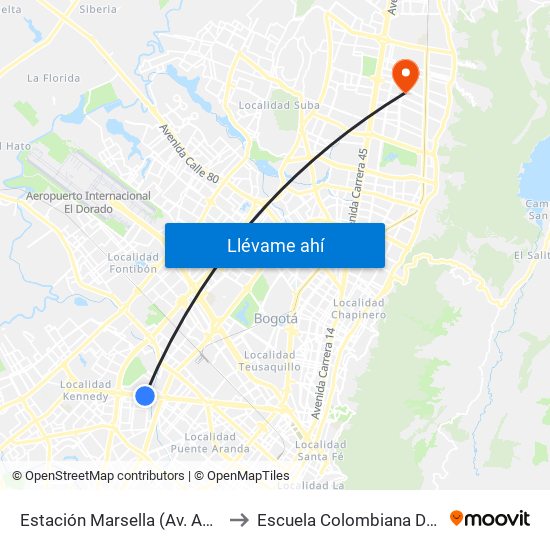 Estación Marsella (Av. Américas - Kr 69b) to Escuela Colombiana De Rehabilitacion map