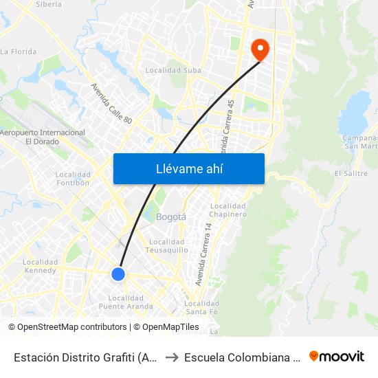 Estación Distrito Grafiti (Av. Américas - Kr 53a) to Escuela Colombiana De Rehabilitacion map