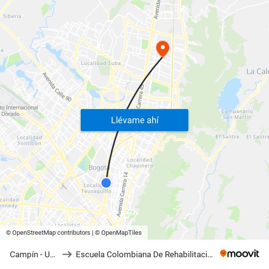 Campín - Uan to Escuela Colombiana De Rehabilitacion map