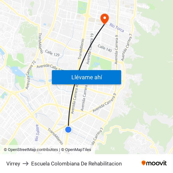 Virrey to Escuela Colombiana De Rehabilitacion map