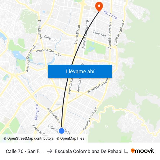 Calle 76 - San Felipe to Escuela Colombiana De Rehabilitacion map