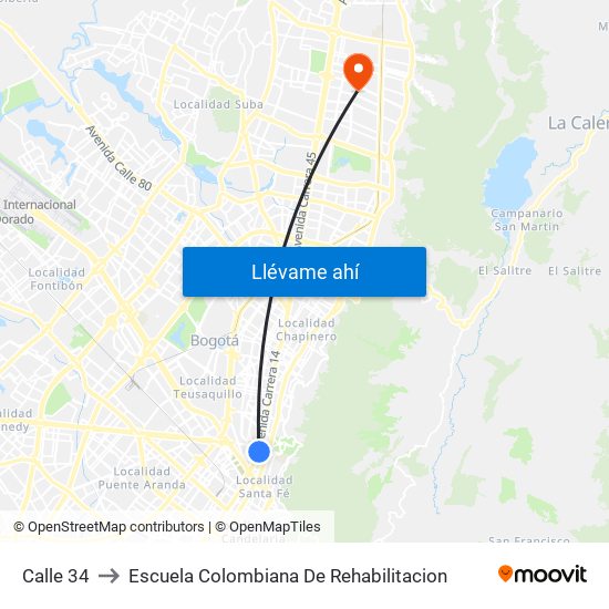 Calle 34 to Escuela Colombiana De Rehabilitacion map