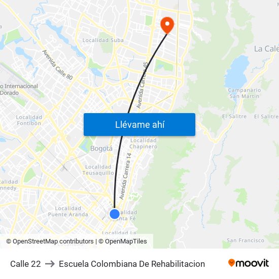 Calle 22 to Escuela Colombiana De Rehabilitacion map