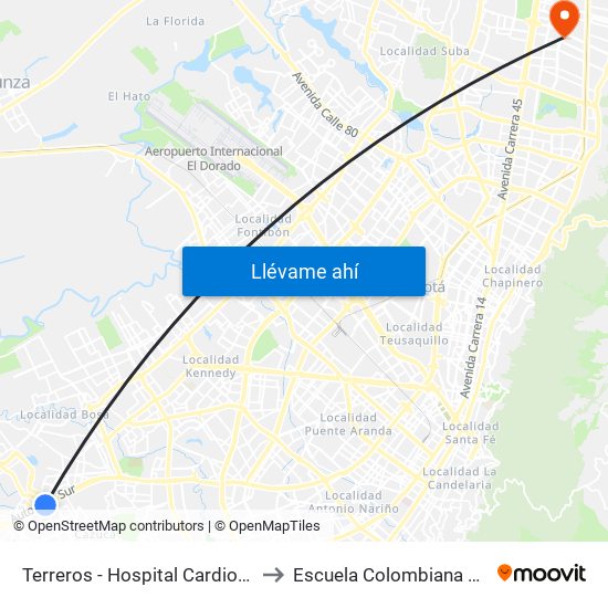 Terreros - Hospital Cardiovascular (Lado Sur) to Escuela Colombiana De Rehabilitacion map